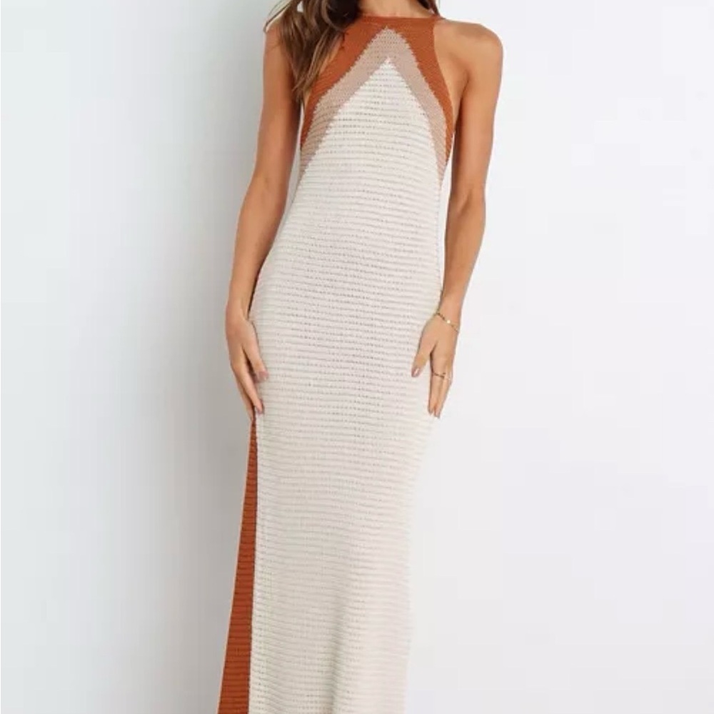 Sleeveless Cream and Rust Knit Maxi Dress